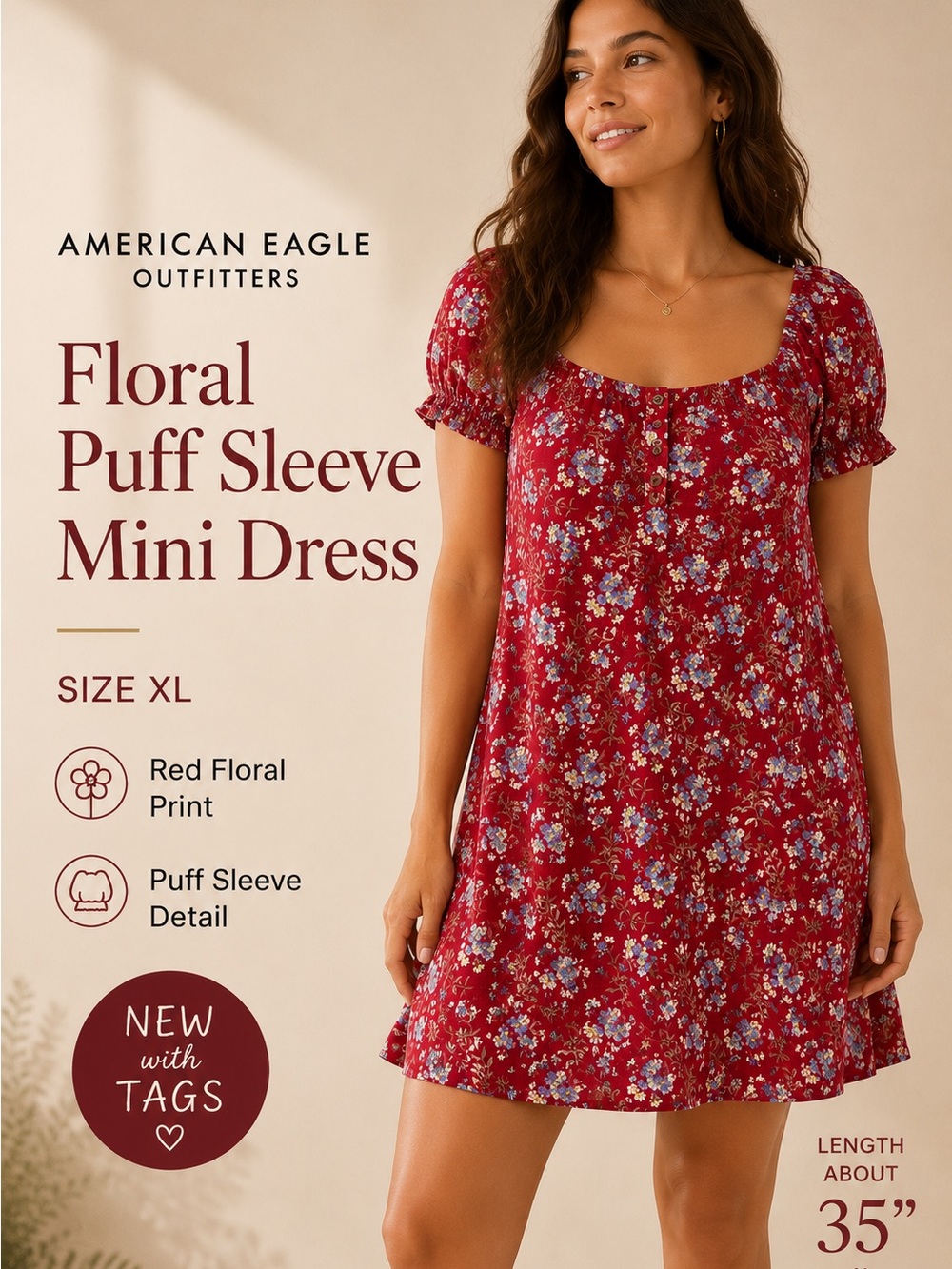NWT American Eagle Red Floral Puff Sleeve Shift Mini Dress‎ XL